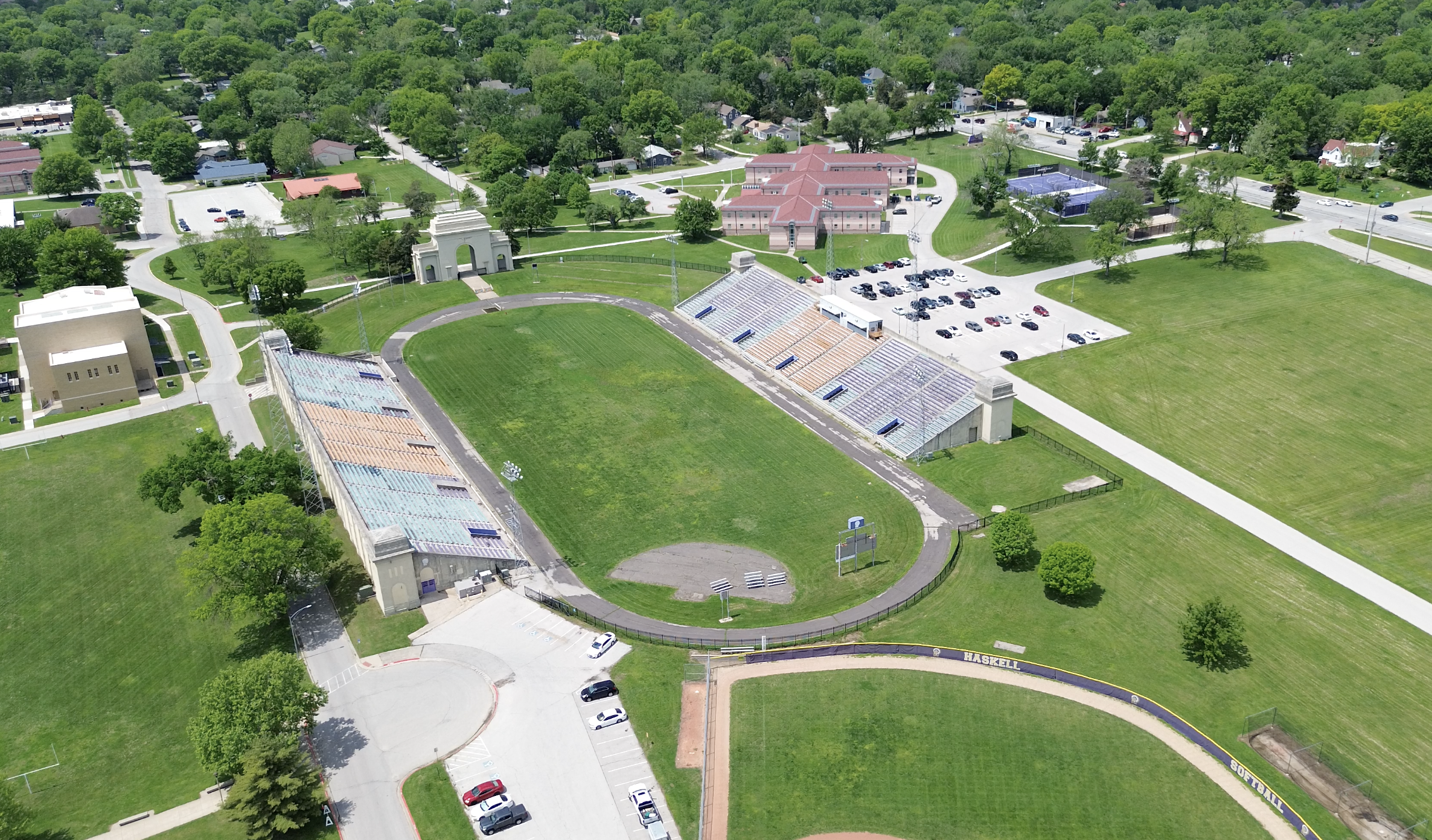 Haskell Stadium in Lawrence Kansas sunny spring day licensed drone videography photography by Matty D Media