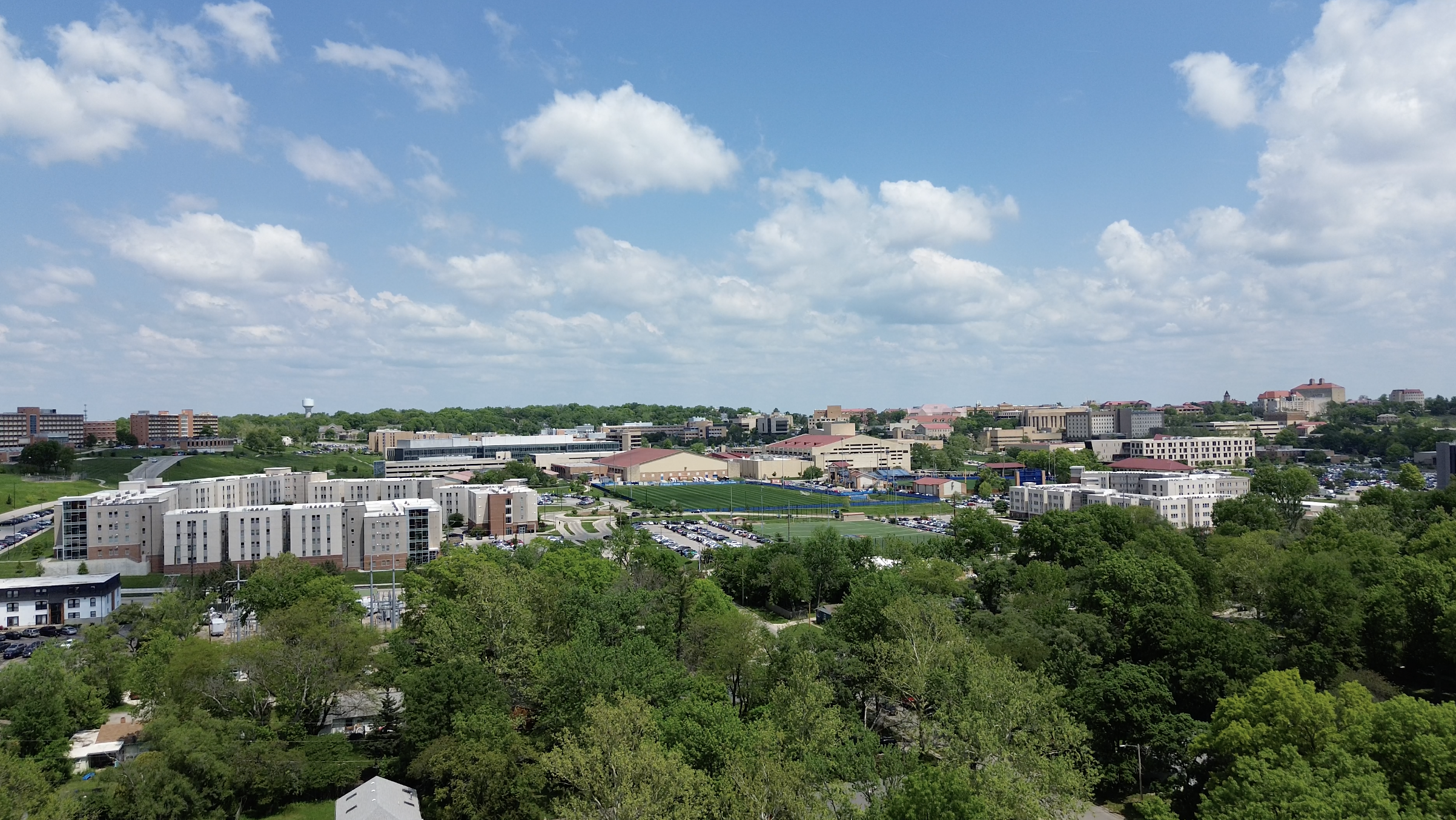 The University of Kansas wide shot sunny spring day licensed drone videography photography by Matty D Media